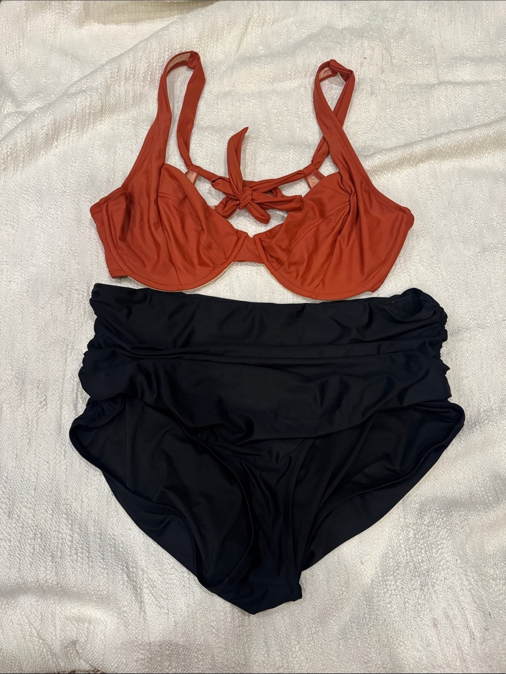 J. Crew Rust Red Underwire Bikini Top with Black High-Waist Bottoms